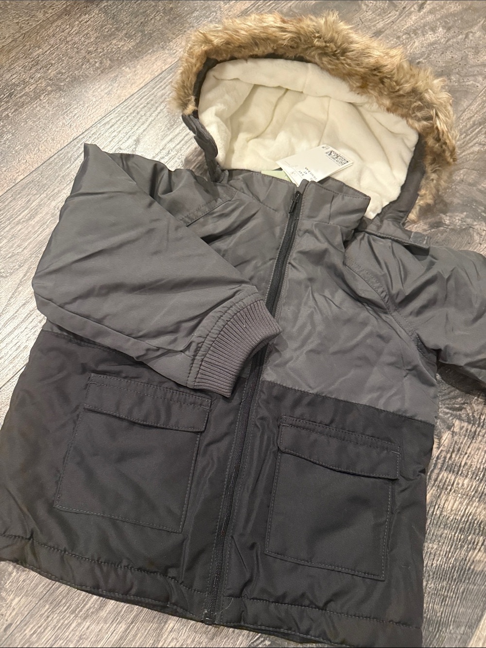 H&M 4T parka jacket coat hooded dark grey color block new
